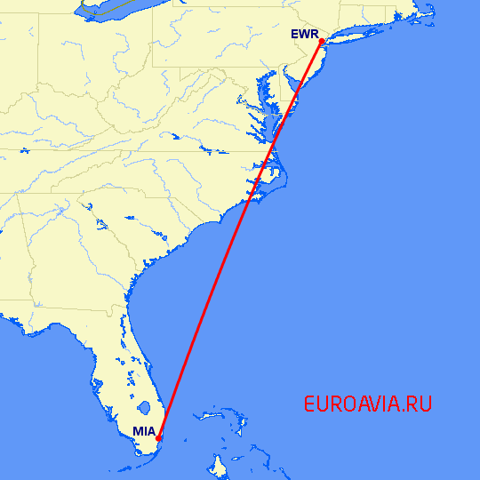 перелет Ньюарк — Майами на карте