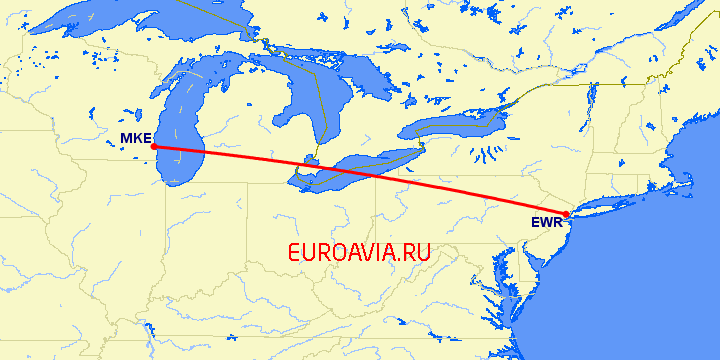 перелет Ньюарк — Милуоки на карте