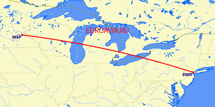 перелет Ньюарк — Миннеаполис на карте