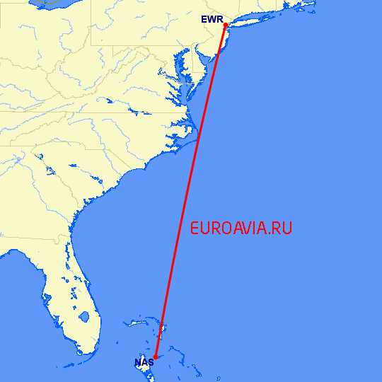 перелет Ньюарк — Нассау на карте