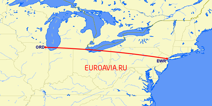 перелет Ньюарк — Чикаго на карте