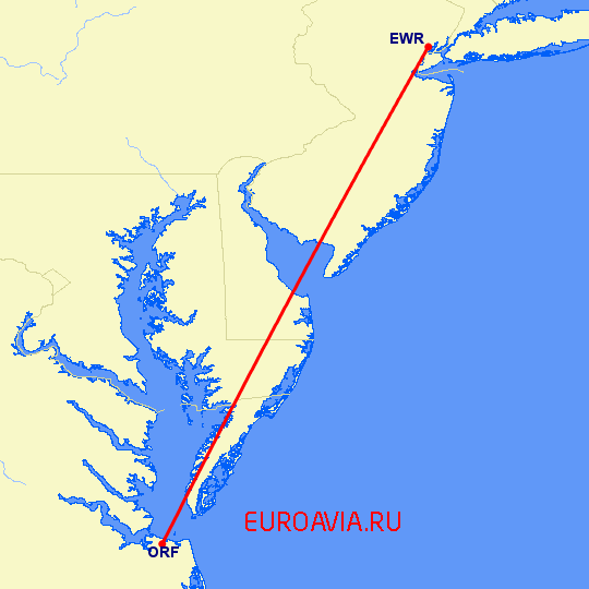 перелет Ньюарк — Норфолк на карте