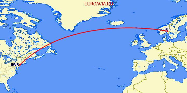 перелет Ньюарк — Осло на карте