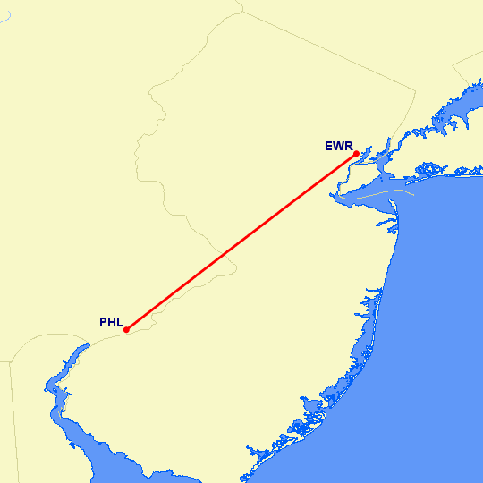 перелет Ньюарк — Филадельфия на карте