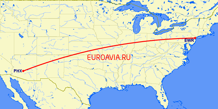 перелет Ньюарк — Феникс на карте