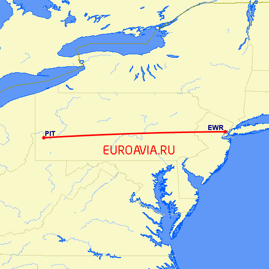 перелет Ньюарк — Питтсбург на карте