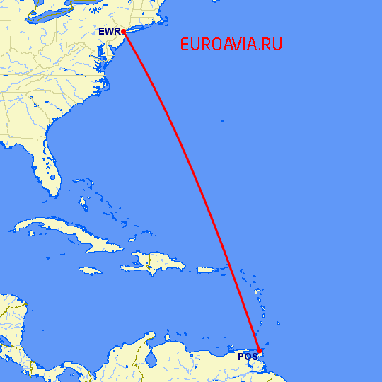 перелет Ньюарк — Port Of Spain на карте