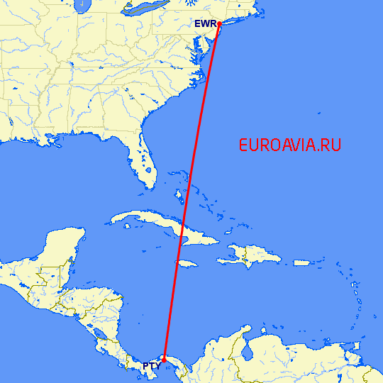 перелет Ньюарк — Панама Сити на карте