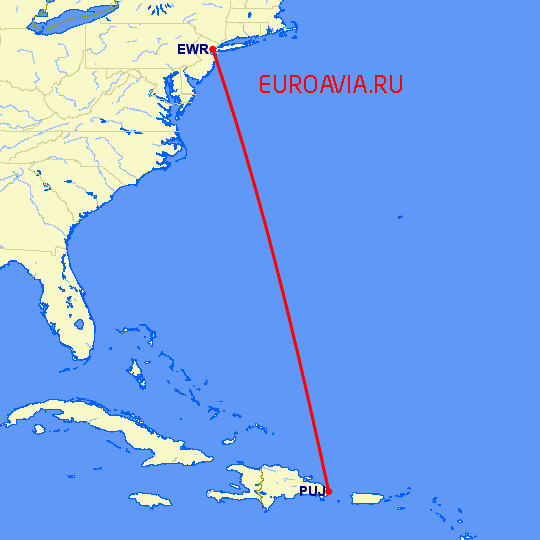 перелет Ньюарк — Пунта Кана на карте