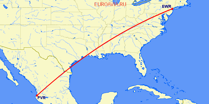 перелет Ньюарк — Пуэрто Ваярта на карте