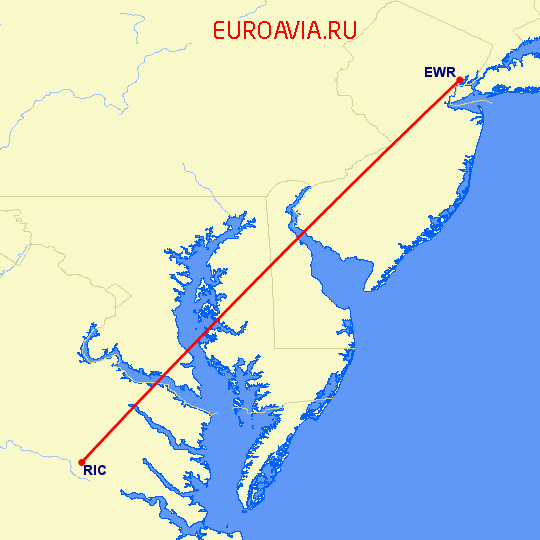 перелет Ньюарк — Ричмонд на карте