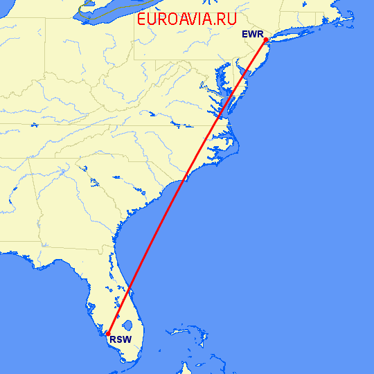 перелет Ньюарк — Форт Майерс на карте