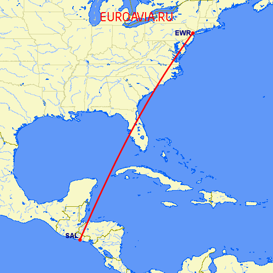 перелет Ньюарк — Сан Сальвадор на карте