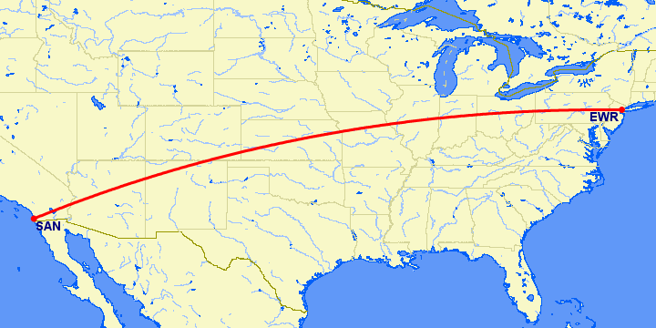 перелет Ньюарк — Сан Диего на карте