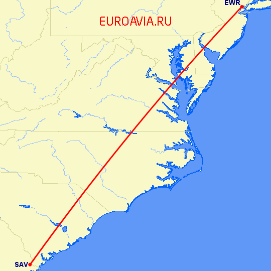 перелет Ньюарк — Саванна на карте