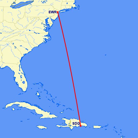 перелет Ньюарк — Санто Доминго на карте