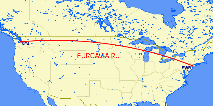 перелет Ньюарк — Сиэтл на карте