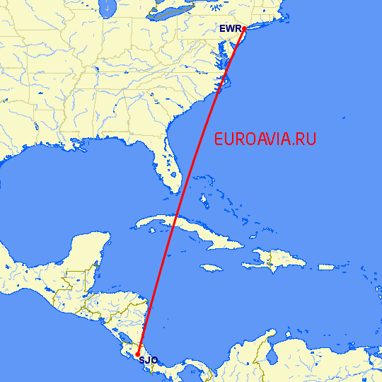 перелет Ньюарк — Сан Хосе на карте