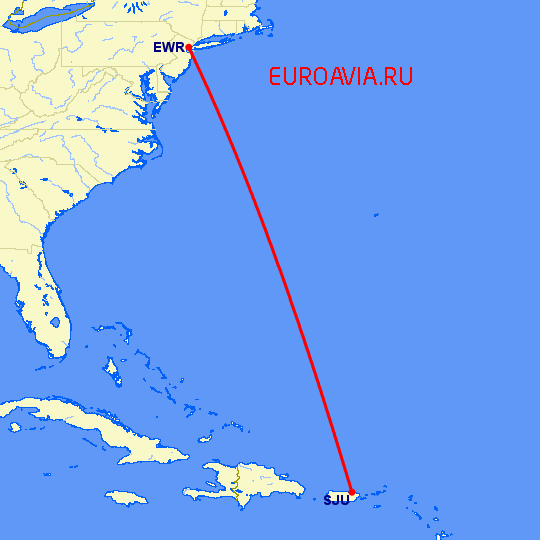 перелет Ньюарк — Сан Хуан на карте