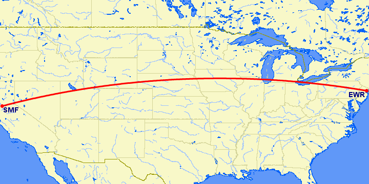 перелет Ньюарк — Сакраменто на карте
