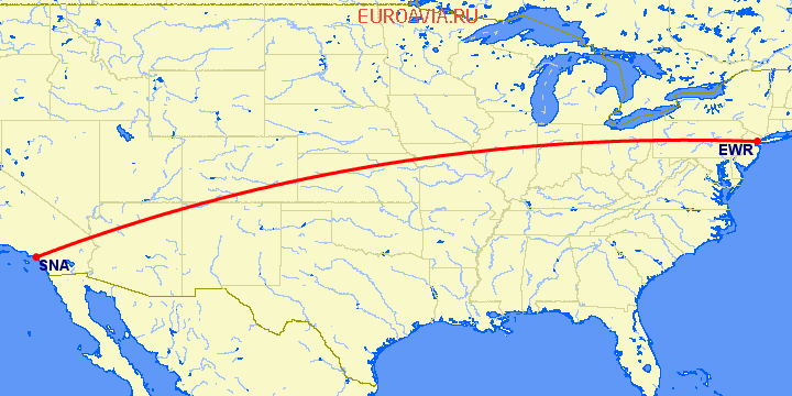 перелет Ньюарк — Санта Ана на карте