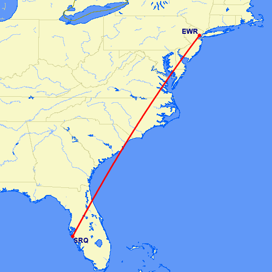 перелет Ньюарк — Сарасота на карте