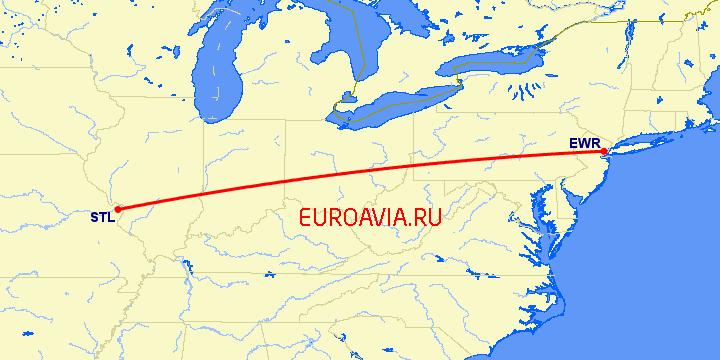 перелет Ньюарк — Сент Луис на карте