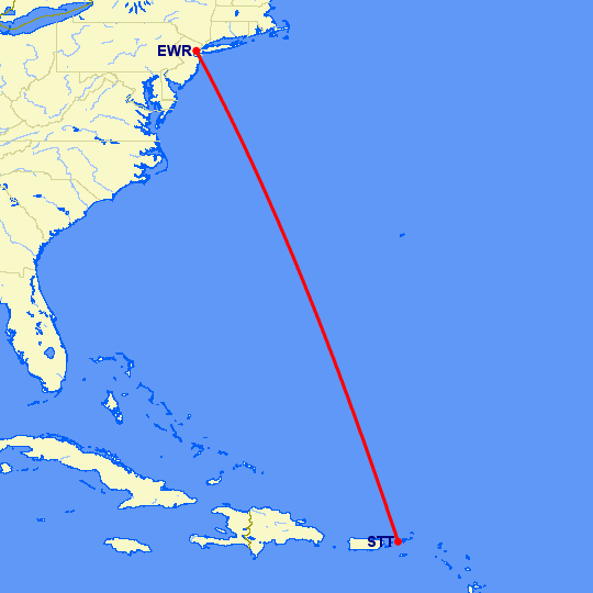 перелет Ньюарк — Charlotte Amalie St Thomas на карте