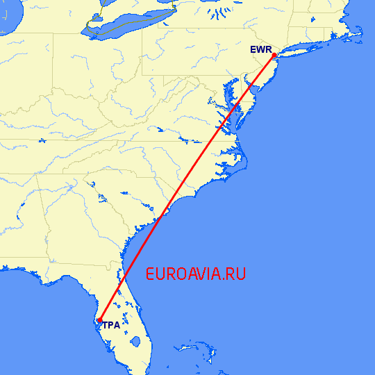 перелет Ньюарк — Тампа на карте