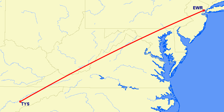 перелет Ньюарк — Ноксвилл на карте