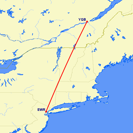 перелет Ньюарк — Квебек на карте