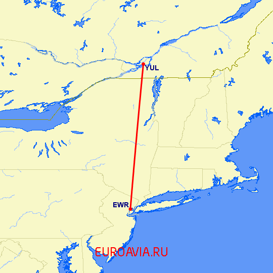 перелет Ньюарк — Монреаль на карте