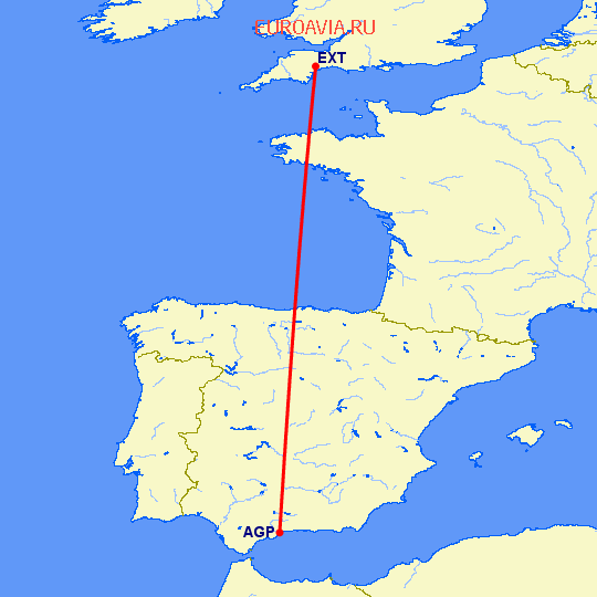 перелет Эксетер — Малага на карте