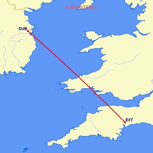 перелет Эксетер — Дублин на карте