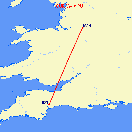 перелет Эксетер — Манчестер на карте