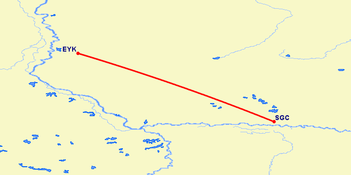 перелет Белоярский — Сургут на карте