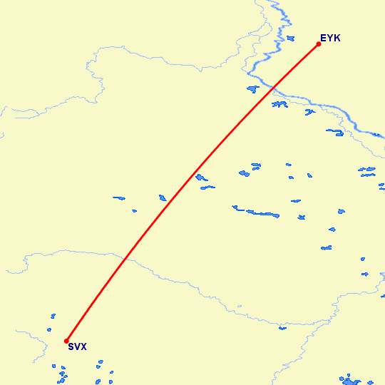 перелет Белоярский — Екатеринбург на карте