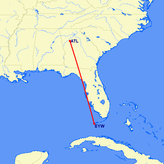 перелет Ки Уэст — Атланта на карте