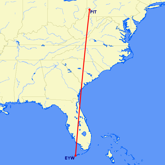 перелет Ки Уэст — Питтсбург на карте