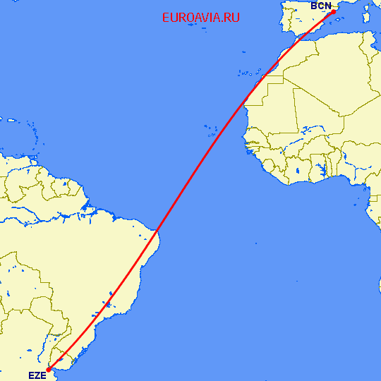 перелет Буэнос Айрес — Барселона на карте