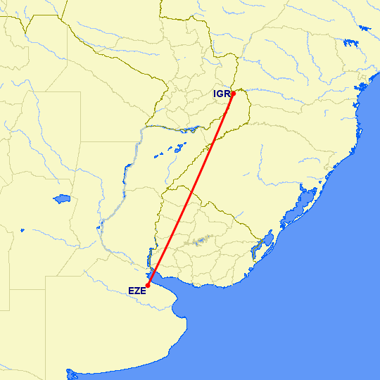 перелет Буэнос Айрес — Игуасу на карте