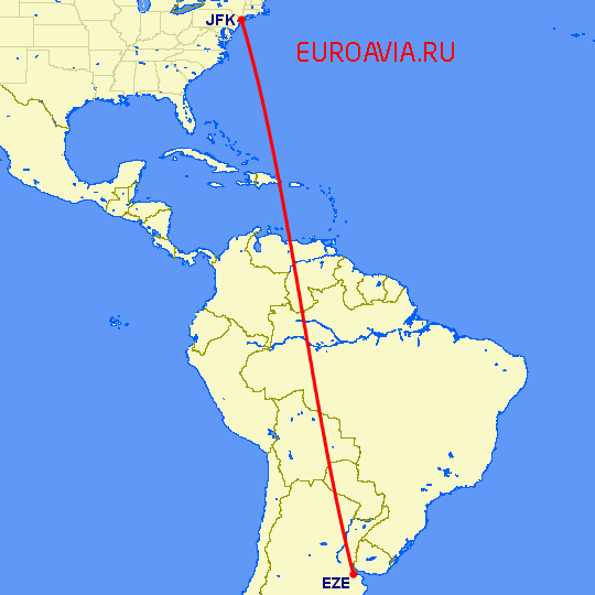 перелет Буэнос Айрес — Нью-Йорк на карте