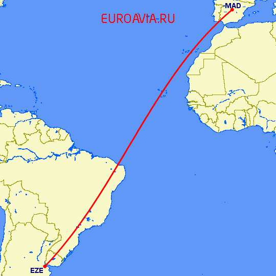 перелет Буэнос Айрес — Мадрид на карте