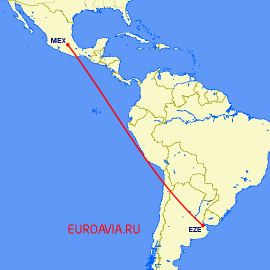 перелет Буэнос Айрес — Мексико Сити на карте