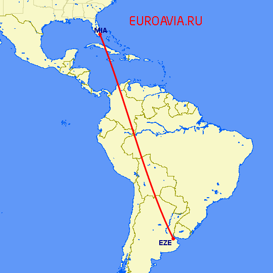 перелет Буэнос Айрес — Майами на карте