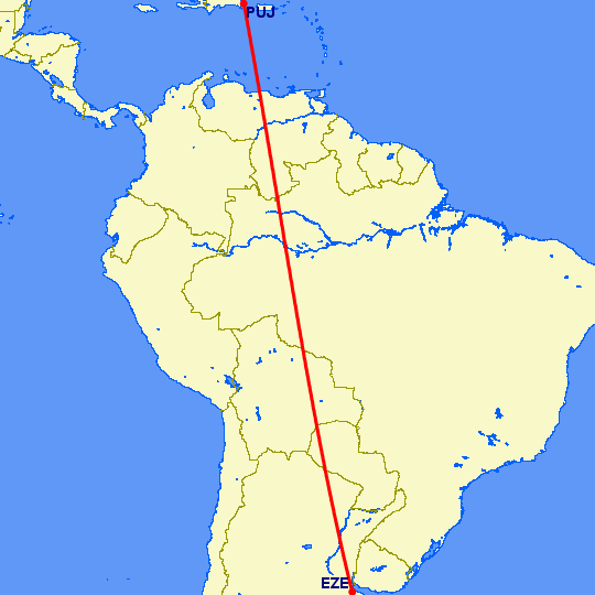 перелет Буэнос Айрес — Пунта Кана на карте