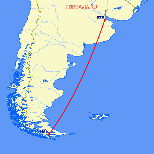 перелет Буэнос Айрес — Ушуайа на карте