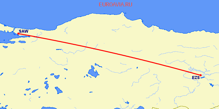 перелет Элязыг — Стамбул на карте