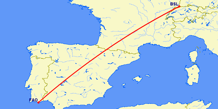 перелет Фару — Базель-Мюлуз на карте