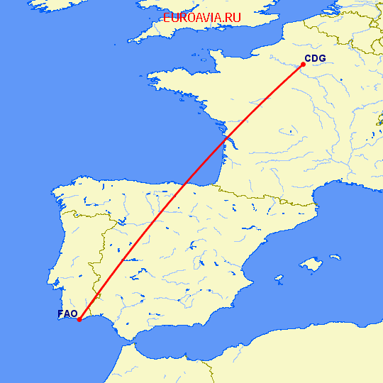 перелет Фару — Париж на карте